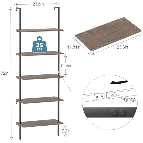 aboxoo Ladder Shelf 2PCS Open Bookshelf 5-Tier Wall-Mounted Wood Bookcase Rack Open Back Industrial Modern Plant Flower Stand Utility OrganizerMetal Frame Furniture Office Kitchen Bedroom (Brown) - color: Rustic Brown 5-tier, size: 2PCS