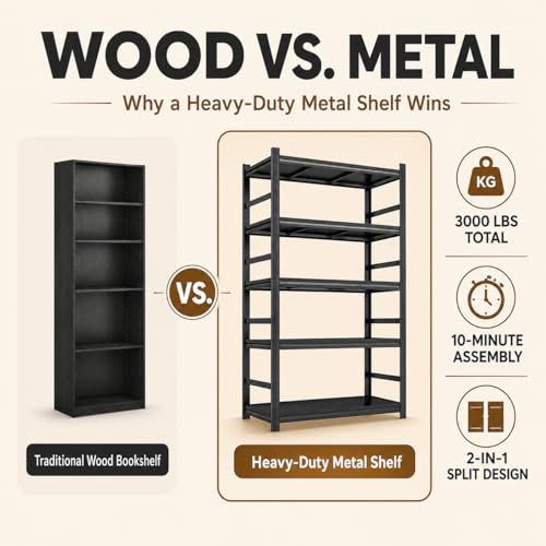 5 Tier Metal Bookshelf with Anti-Drop Fence, 72" H Adjustable Tall Bookcase, Heavy Duty 3000 LBS Modern Deep Book Shelf, Bolt-Free Storage Shelves for Living Room, Home Office, Garage - size: Upgraded-36"W x 16"D x 72"H