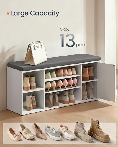 SONGMICS HOME Storage Bench, Snapsemble Superfast Assembly, 41" Wide Entryway Shoe Cubby Bench with Cushion & Adjustable Shelves, Window Shoe Rack Cabinet, Snow White and Slate Gray ULHS391WE02S - color: Snow White + Slate Gray, style: 12"D x 40.9"W x 18.