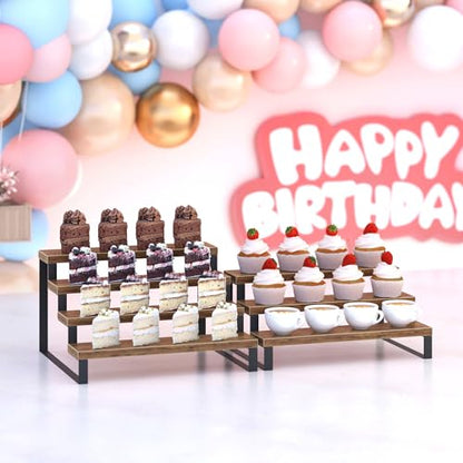 Wood Display Risers, 4 Tier 13.4IN Perfume Organizer Shelf with Metal Legs, Large Wooden Cupcake Stand Holder, Display Shelf Stand for Figures, Party, Makeup, Dessert Shelves for Party, Rustic Brown
