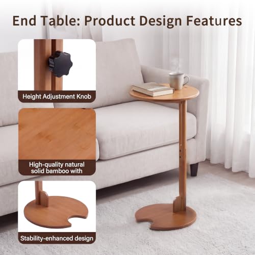 Bamboo Side Table for Sofa - Adjustable Height C Shaped End Tables for Small Spaces, Couch, Bedside, Living Room, 12.6x12.6x26 Inch TV Tray Round Stand for Drink, Snack, Coffee (Walnut) - color: Walnut Brown