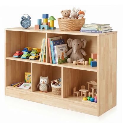 Montessori Toy Storage Organizer,Rubber Wood Kids Storage Bookshelf with 5 Compartments,Wooden Kids Storage Bookcase Cabinet for Toddler Playroom, Bedroom (Natural, 2-Tier, Rectangular-Medium)
