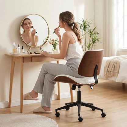 Furnimart Armless Small Desk Chair with Wheels, 360° Swivel Faux Leather Vanity Chair for Bedroom, Compact Home Office Task Chair for Small Spaces, Heavy-Duty Wood Frame(PU White) - color: Faux Leather-white