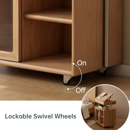 Solid Wood Side Table with Wheels, Flip Top Side Table with Storage, Multi-Functional Storage Cabinet with Ample Space for Living Room, Bedroom(13.77" D x 26.77" W x 28.22" H, Natural) - color: Natural