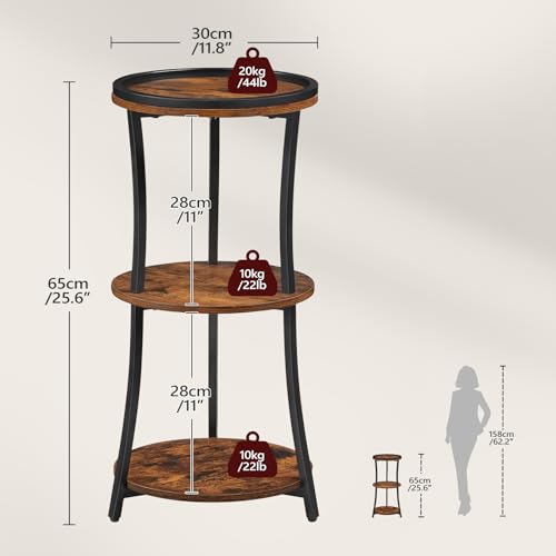 MAHANCRIS Small Round Side Table, 3-Tier Nightstand for Small Spaces | End Table with Raised Edge, Storage Shelf, Sofa Table for Corner, Living Room, Bedroom, Easy Assembly, Rustic Brown