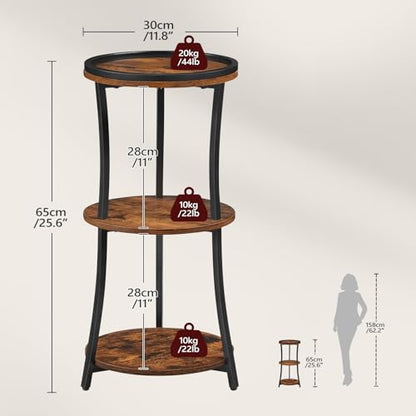 MAHANCRIS Small Round Side Table, 3-Tier Nightstand for Small Spaces | End Table with Raised Edge, Storage Shelf, Sofa Table for Corner, Living Room, Bedroom, Easy Assembly, Rustic Brown