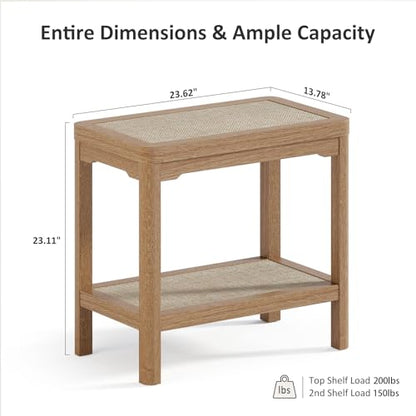 Eclatara Rattan Side Table End Table Nightstand Set of 2 with Round Edge | 2 Tier Rattan Night Stand, Farmhouse Boho Bedside Tables with Ultra-Thick Legs for Bedroom Living Room(Natural Oak,2 Pieces) - color: Natural Oak, Round Edges