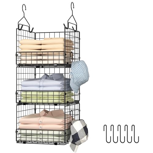 Sonyabecca 3-Tier Hanging Closet Organizers and Storage, Foldable Stackable Wire Basket Bins with 5 S Hooks, Space-Saving Hanging Closet Shelf for Clothing, Sweaters, Handbags, Hats,Purse - color: Black, size: Large