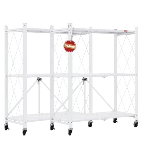 DEANIC 3 Tier Foldable Storage Shelves with Wheels, Large Capacity Shelving Unit, Freestanding Metal Wire Shelf Rack, No Assembly Organizer Rack for Garage Kitchen, Basement, Pantry(White Pack of 2) - color: White
