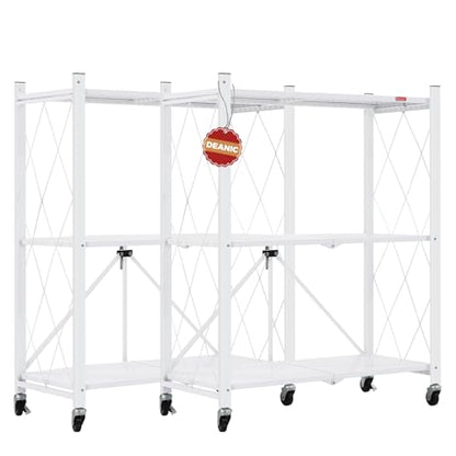 DEANIC 3 Tier Foldable Storage Shelves with Wheels, Large Capacity Shelving Unit, Freestanding Metal Wire Shelf Rack, No Assembly Organizer Rack for Garage Kitchen, Basement, Pantry(White Pack of 2) - color: White