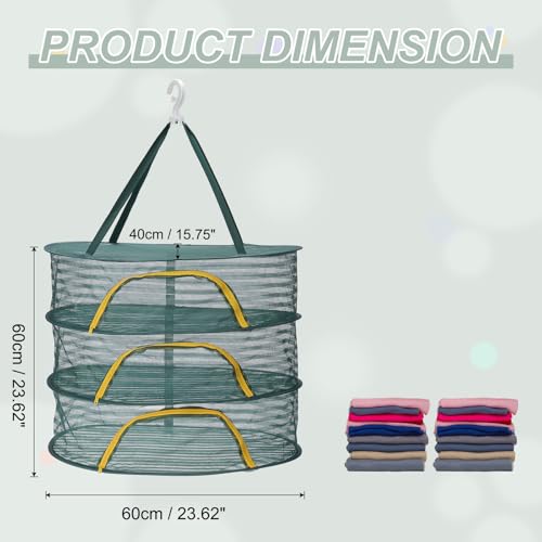 MECCANIXITY 24" Herb Drying Rack Hanging 3 Layer Hanging Mesh Net Collapsible Food Drying Fish Net with Zipper for Fish Buds Fruit Dehydrated Goods Vegetables Clothes, Green