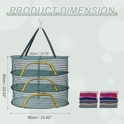 MECCANIXITY 24" Herb Drying Rack Hanging 3 Layer Hanging Mesh Net Collapsible Food Drying Fish Net with Zipper for Fish Buds Fruit Dehydrated Goods Vegetables Clothes, Green