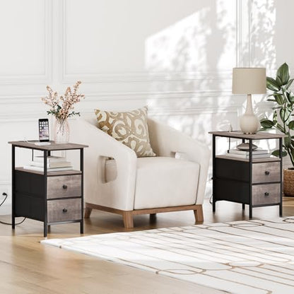 HOOBRO End Table with Charging Station, Narrow Side Table, Nightstand with 2 Non-Woven Drawers, Slim Sofa Side Table, for Small Spaces, Living Room, Bedroom, Greige and Black BG486UBZ01 - color: Greige + Black, size: 11.8"L x 18.9"W x 23.6"H