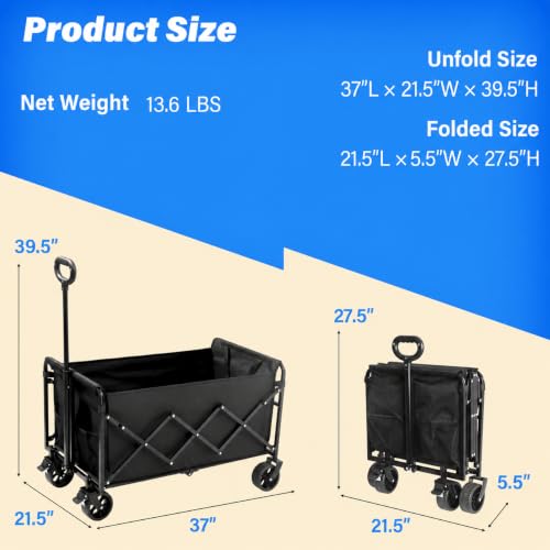 Wagons Carts Foldable, 500 lb 220L Collapsible Wagon with Brakes | Folding Wagon Cart with brakes, compact folding design and large storage for camping, groceries, sports and outdoor hauling - size: 500LB