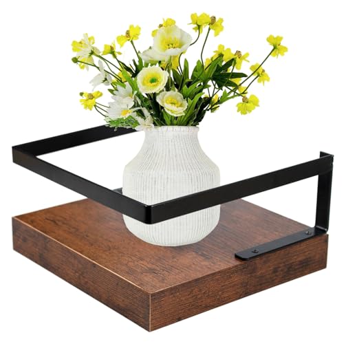ARTORA Wall Mounted Plant Holder, Wooden Floating Shelf with Invisible Bracket Wall Mount Wood Rack Small Decorative Display Shelves with Gaurdrail for Bedroom Living Room Bathroom (Brown, 1 Pack)
