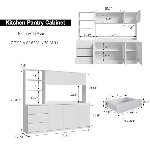 Mekminop Extra Large Kitchen Pantry with Microwave Shelf, Kitchen Hutch Storage Cabinet with Countertop, Freestanding Countertop Cabinet with 3 Drawers and 3 Open Shelves, White - color: White, size: 82.7" Wide