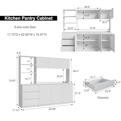 Mekminop Extra Large Kitchen Pantry with Microwave Shelf, Kitchen Hutch Storage Cabinet with Countertop, Freestanding Countertop Cabinet with 3 Drawers and 3 Open Shelves, White - color: White, size: 82.7" Wide