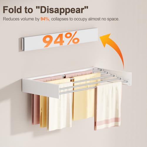 Wall Mounted Clothes Drying Rack Folding Indoor, Foldable Laundry Drying Rack Collapsible, Space Saving, Retractable Towel Drying Rack, with Wall Template(5 Drying Rods, White 23.6") - color: White, size: White-23.6"