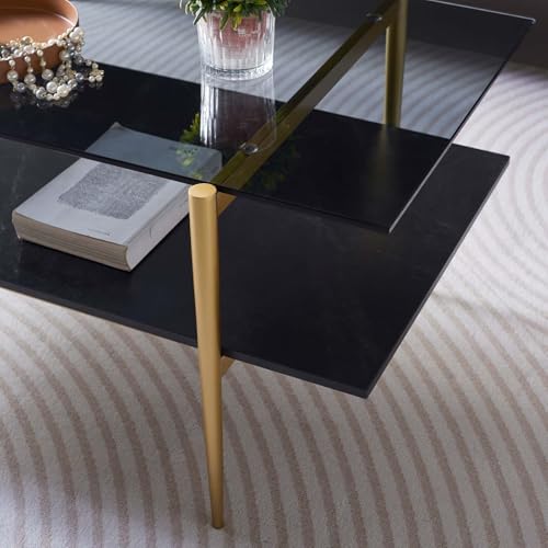 LumFurn Rectangle Coffee Table for Living Room, Mid-Century Modern Design, L41 x W21 x H17, 2-Tier Structure, Clear Glass Top and Black Marble Wood Shelf, Conical Metal Legs with Gold Finish - color: Grey & Black Marble, size: L41" Rectangle Coffee Table