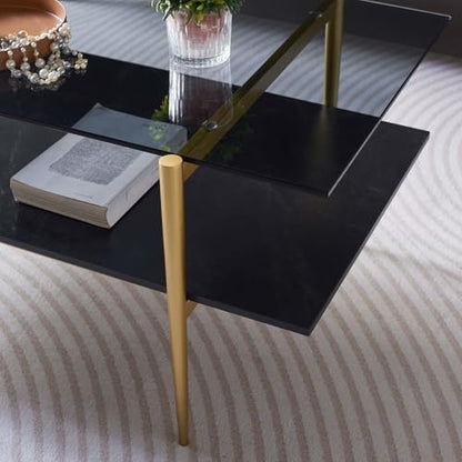 LumFurn Rectangle Coffee Table for Living Room, Mid-Century Modern Design, L41 x W21 x H17, 2-Tier Structure, Clear Glass Top and Black Marble Wood Shelf, Conical Metal Legs with Gold Finish - color: Grey & Black Marble, size: L41" Rectangle Coffee Table