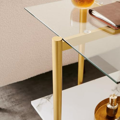 LumFurn Square Glass End Table, Mid-Century Modern Design Sofa Table, for Living Room, L18 x W18 x H23, Clear Glass Top and White Marble MDF Shelf, Sleek Conical Metal Legs with Gold Finish - color: Clear & White Marble, size: L18" Square End Table