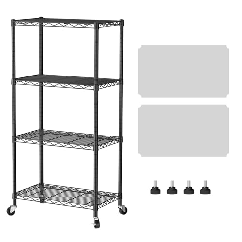 SINGAYE 4 Shelves Storage Wire Shelf Closet Metal Shelving Pantry Wheels | Shelf Bathroom Organizers Metal Kitchen Garage Shelving Unit Laundry Room Organization Home Rack Net Basket with Wheels - color: Black, size: 4Tier/14"D X 24"W X 49"H