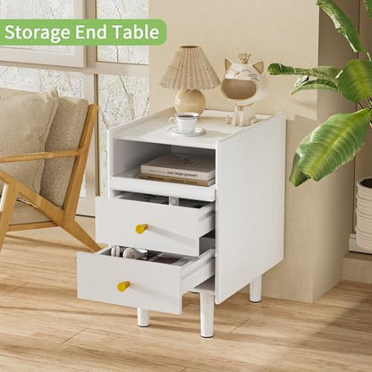 Narrow Nightstand with 2 Drawers, 11.81" Solid Wood Narrow Bedside Table | Pine Wood, Modern Night Stand with Open Shelf & Cable Hole, Slim Narrow Side Table for Bedroom, White