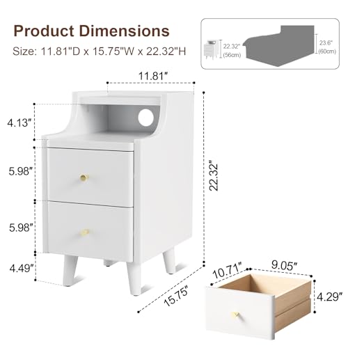 Narrow Nightstand with 2 Drawers,White Nightstand,Bedside Table,Solid Wood Modern Bedside Table for Bedroom,Study,Toilet - color: White, size: 15.75"D x 11.81"W x 22.32"H(2 Drawers)