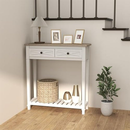Narrow Entryway Table, 2-Tier Wooden Sofa Console Table with 2 Drawers and Storage Shelf, Couch Furniture Behind Sofa Hallway Entryway Living Room, White - color: White
