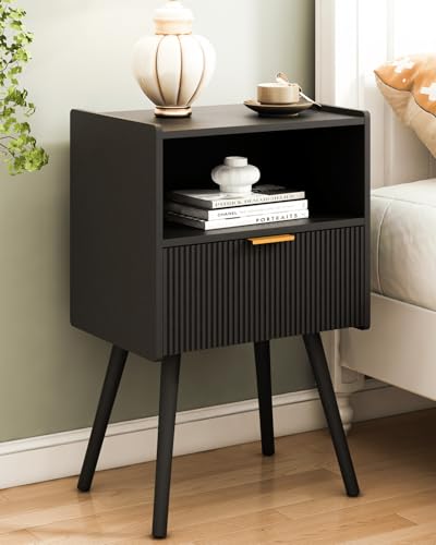 JOONEE Black Nightstand,Modern Bedside Table with Storage Drawer and Open Wood Shelf, for Living Room, Bedroom and Small Spaces, Accent Night Stand with Solid Wood Legs, Easy Assembly,Classic Black - color: Black