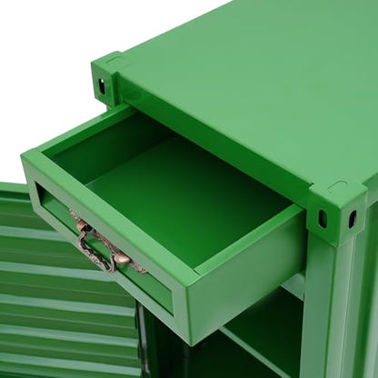 Industrial Metal Container Side Table, 3-Tier End Tables with Drawers, Bedside Table, Container Style Locker Wrought, Retro Style Metal Container Cabinet for Bar/Bedroom/Garage (Green) - color: Green