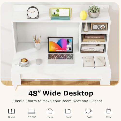 Tangkula 48“ Computer Desk with Hutch, Home Office Writing Study Desk with Storage Shelves, Cable Management Hole, Laptop Desk, Desk for Bedroom, Computer Workstation (White) - color: White