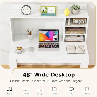 Tangkula 48“ Computer Desk with Hutch, Home Office Writing Study Desk with Storage Shelves, Cable Management Hole, Laptop Desk, Desk for Bedroom, Computer Workstation (White) - color: White