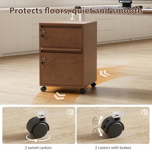 KungFuWood Wheeled Double-Drawer Filing Cabinet, Lockable Mobile File cabinets, Suitable for Home Offices or Storage cupboards for Storing Legal documents or Letter-Sized Files.