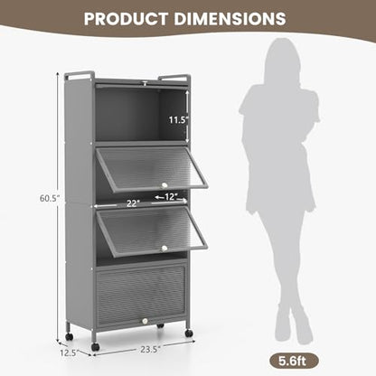 5-Tier Kitchen Storage Cabinet, Mobile Microwave Stand with Metal Frame, 4 Lockable Casters & Flip-up PC Doors, Freestanding Bakers Rack for Kitchen, Dining Room, Living Room (Grey) - color: Grey