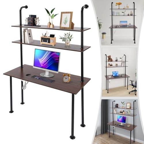 2-Shelf Industrial Wall Mount Ladder，Wall Mount Computer Desk Writing Desk,Industrial Bookcase Desk with Shelves，Floating Desk with Storage, Wall Table for Home Office, Brown (47.2"×20"×79") - color: Black/ Brown (47"w)