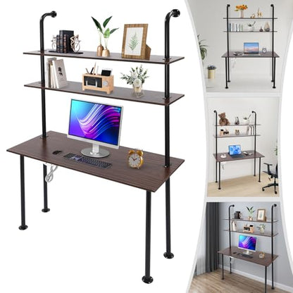 2-Shelf Industrial Wall Mount Ladder，Wall Mount Computer Desk Writing Desk,Industrial Bookcase Desk with Shelves，Floating Desk with Storage, Wall Table for Home Office, Brown (47.2"×20"×79") - color: Black/ Brown (47"w)