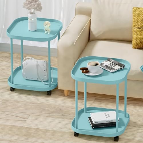 Side Table with Wheels, End Table Living Room Plastic Mobile Sofa Side Table Small Night Stand Bedroom Blue (2 Pack) - color: Blue, size: 2 Pack