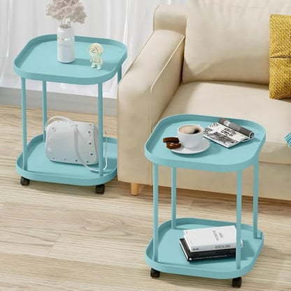 Side Table with Wheels, End Table Living Room Plastic Mobile Sofa Side Table Small Night Stand Bedroom Blue (2 Pack) - color: Blue, size: 2 Pack
