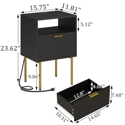 Modern Nightstand with Charging Station and LED Lights, Black Nightstand with Drawer, Fluted Nightstand for Living Room, Bedroom - color: Black