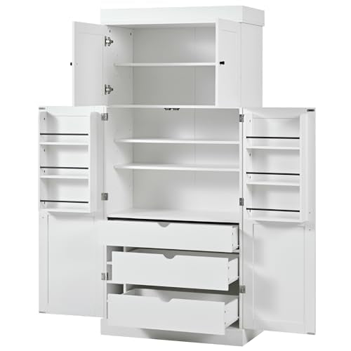Polibi 77" Tall Freestanding Kitchen Pantry Cabinet, 35" L x 17.7" W Modern Shaker Style Storage Cupboard with Adjustable Shelves, Wine Racks, Drawers, Door Shelves, White - color: White