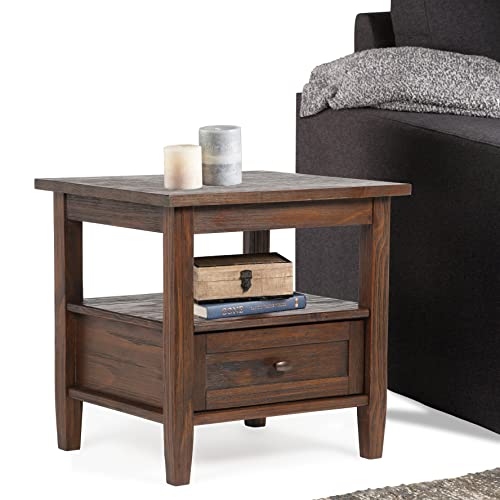 SIMPLIHOME Warm Shaker End Table - 20" Wide x 20" High Solid Wood Side Table in Distressed Charcoal Brown, Transitional Accent Table for Living Room with Drawer, Open Shelf and Square Tapered Legs - color: Distressed Charcoal Brown, size: 20 inch, style: