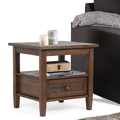 SIMPLIHOME Warm Shaker End Table - 20" Wide x 20" High Solid Wood Side Table in Distressed Charcoal Brown, Transitional Accent Table for Living Room with Drawer, Open Shelf and Square Tapered Legs - color: Distressed Charcoal Brown, size: 20 inch, style: