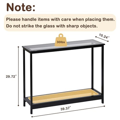 Bamboo Narrow Console Table, 39.4"(L) Wood Small Entryway Table with Rattan and Glass, Accent Slim Hallway Tables, Thin Sofa Side Tables for Hallway, Living Room, Bedroom, Foyer, Black - color: Black 39.4"(l)