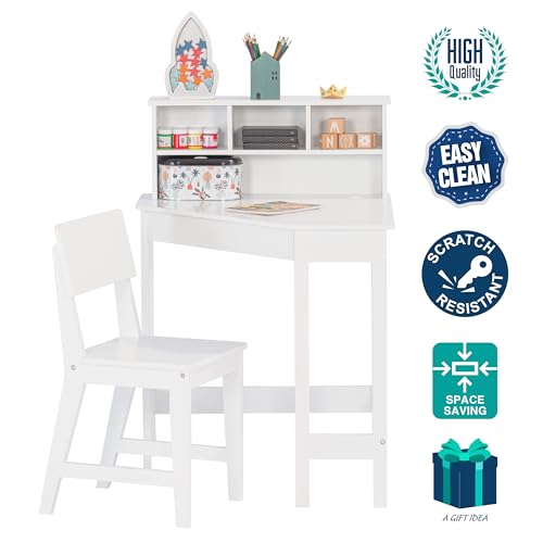 UTEX Kids Desk, Kids Corner Desk and Chair Set, Children Study Table with Storage and Hutch for Home School Use, White