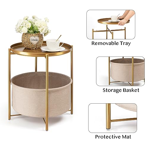 danpinera Gold Side Table with Basket, Small Round Table for Living Room | Metal Modern Nightstand for Small Space, Bedroom, Nursery, Accent Metal Stand with Removable Serving Tray, 20.47 in Tall - color: Gold