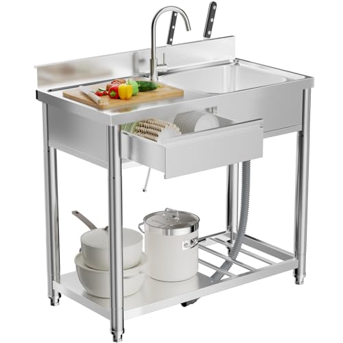 304 Stainless Steel Outdoor Utility Sink with Workbench & Storage Shelf, Freestanding Prep Table with Left Drawer, 39" Garden Patio Sink Station with 360° Hot & Cold Water Faucet - size: 39.3" x20.3" x 35.1"