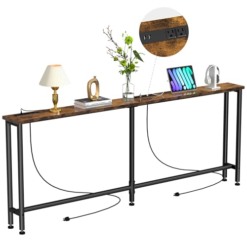 Keelian 90" Narrow Sofa Table - 2 Power Outlets & 4 USB Ports, Metal Frame,Perfect for Hallway, Office, and Behind Sofa - Easy Assembly, 4.9ft Extension Cord Included Rustic Brown - color: Rustic Brown, size: 90IN