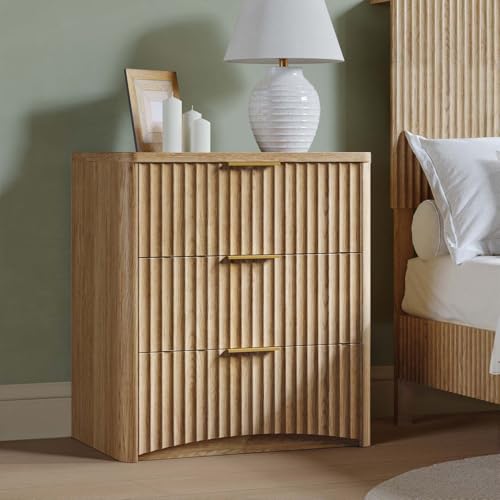 Evermagin Fluted Nightstand, Natural Oak Bedside Table with 3 Drawers, Wood End Table with Storage Mid Century Modern, Large Night Stand for Bedroom - color: Natural Oak, size: 3 Drawers (Without Charging Station)