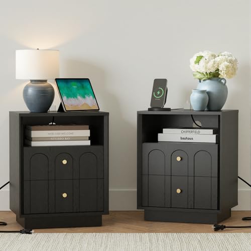 FORTUNETEC Nightstand Set of 2 with Charging Station, Mid Century Modern Nightstand with Arched Design,Minimalist End Table with Wood Grain Texture, Bedside Table for Bedroom Living Room, Black - color: Black, style: set of 2